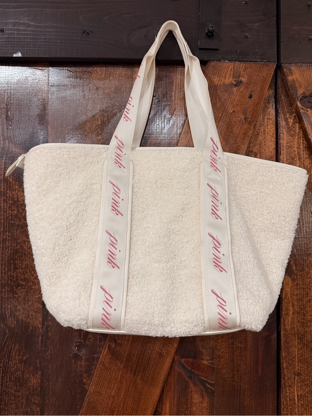 PINK Victoria's Secret Cream Sherpa Tote with Pink Script Straps